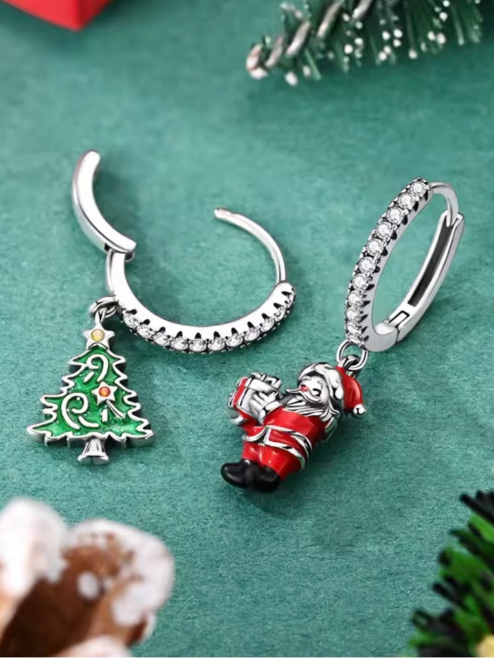 Sterling silver Holiday Santa and Christmas Tree Dangle Earrings - Silver Tone